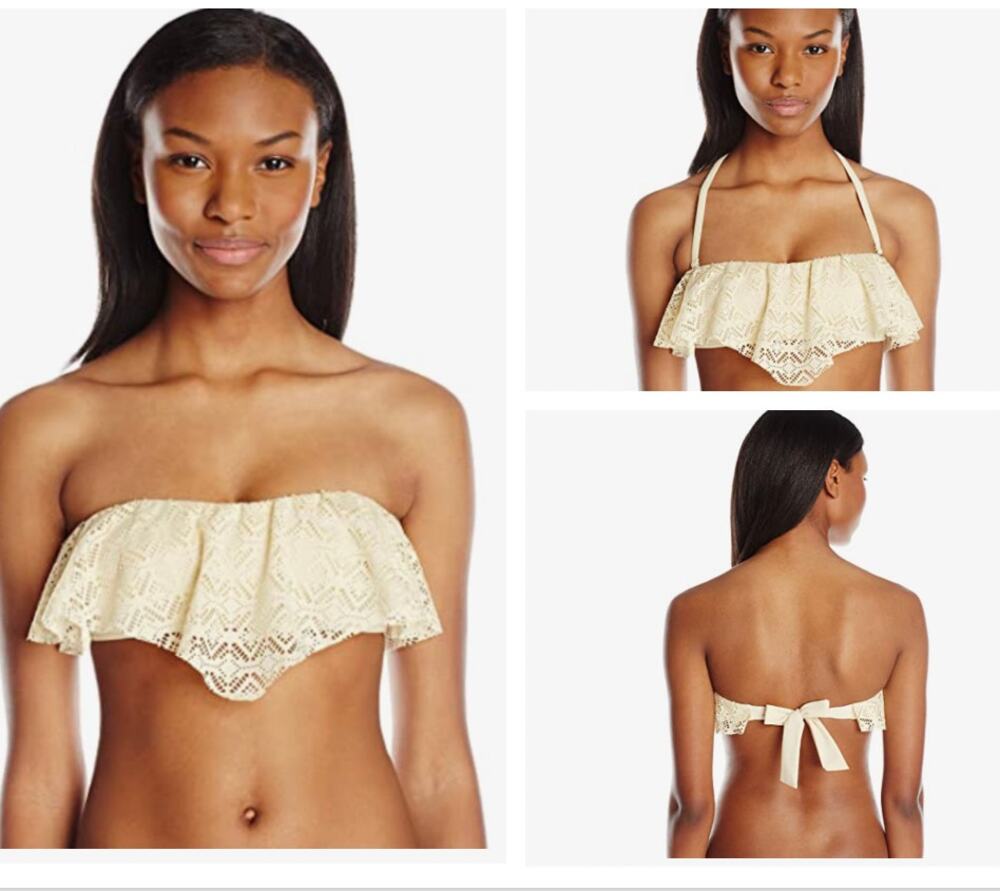 Reef Beige Eyelet Lace Summer Breeze Ruffle Bandeau Bikini Swimsuit Top M Medium